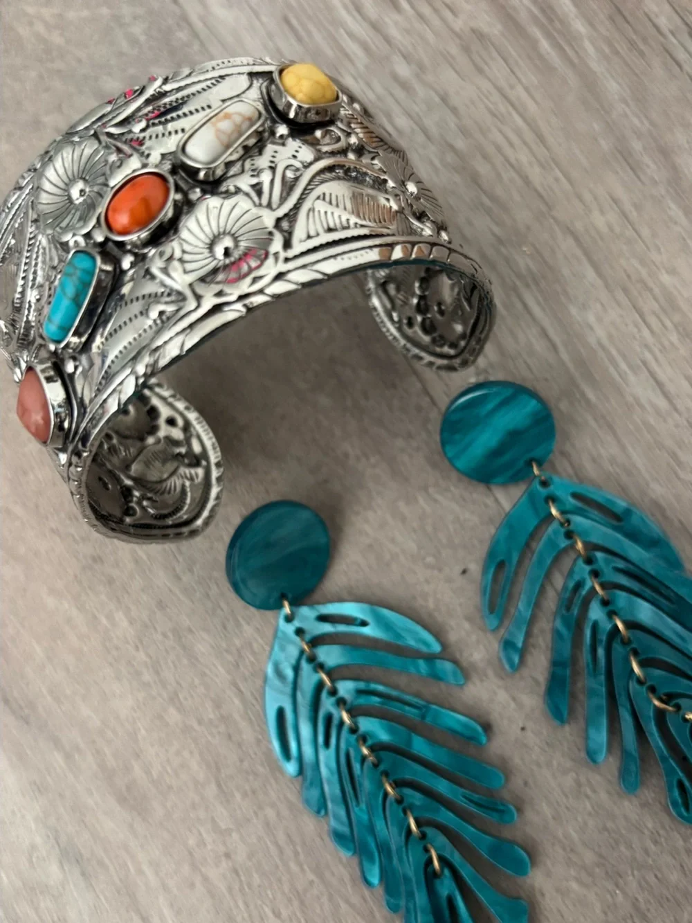 Turquoise Leaf Drop Earrings & Silver Multi-Stone Cuff Bracelet Set